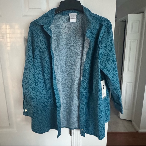 Jaclyn Smith Women's XL Teal Blue Button Down Shirt Blouse 3/4 Roll-Tab Sleeve - Picture 7 of 10